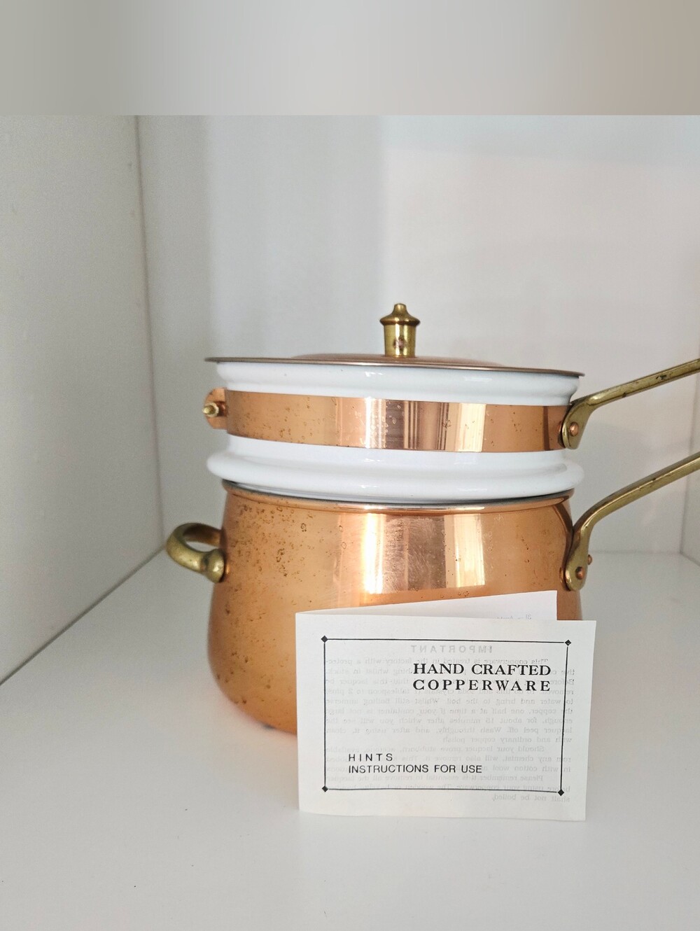 Vintage COPPER DOUBLE BOILER w/Porcelain Insert, Brass Handles, Made in Portugal